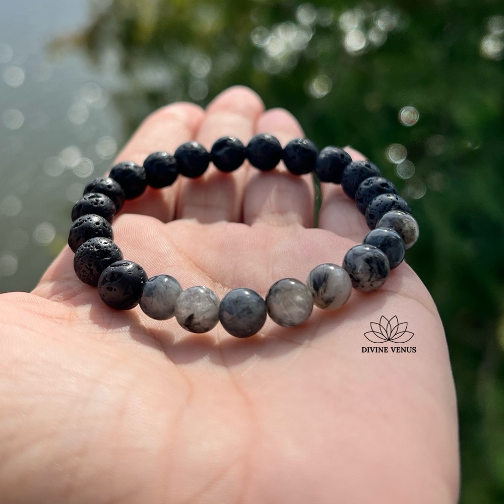 Tourmalinated Quartz & Lava Rock Stretch Bracelet – 7.5” Unisex